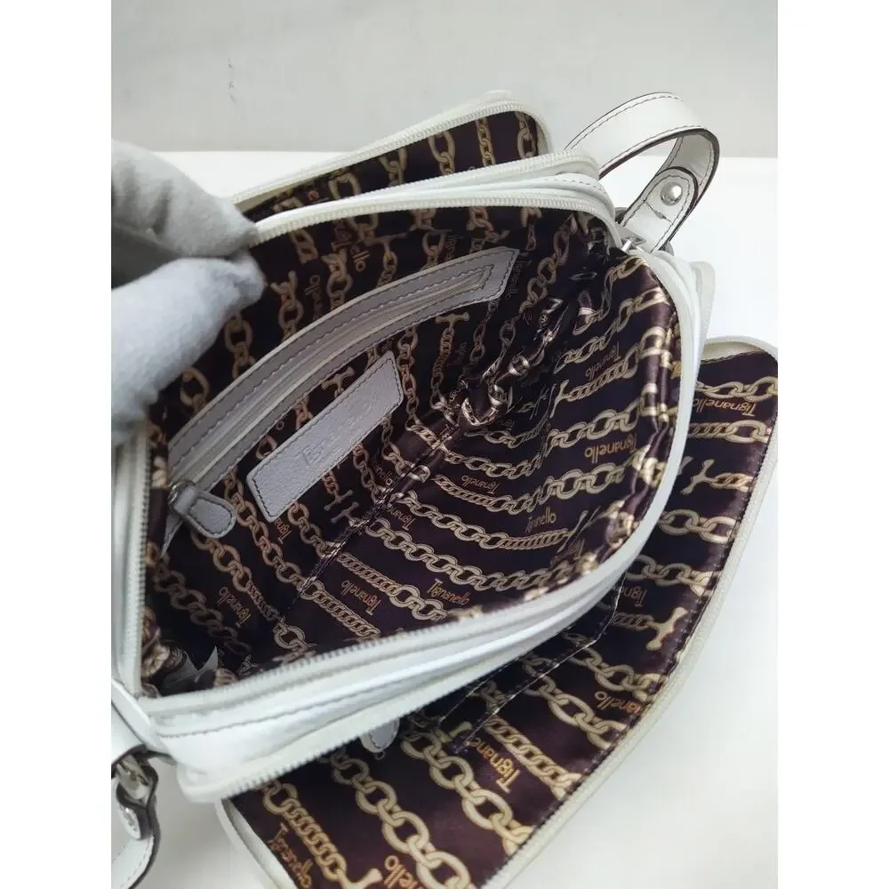 Tignanello White Leather Double Zippers Pockets Crossbody Bag